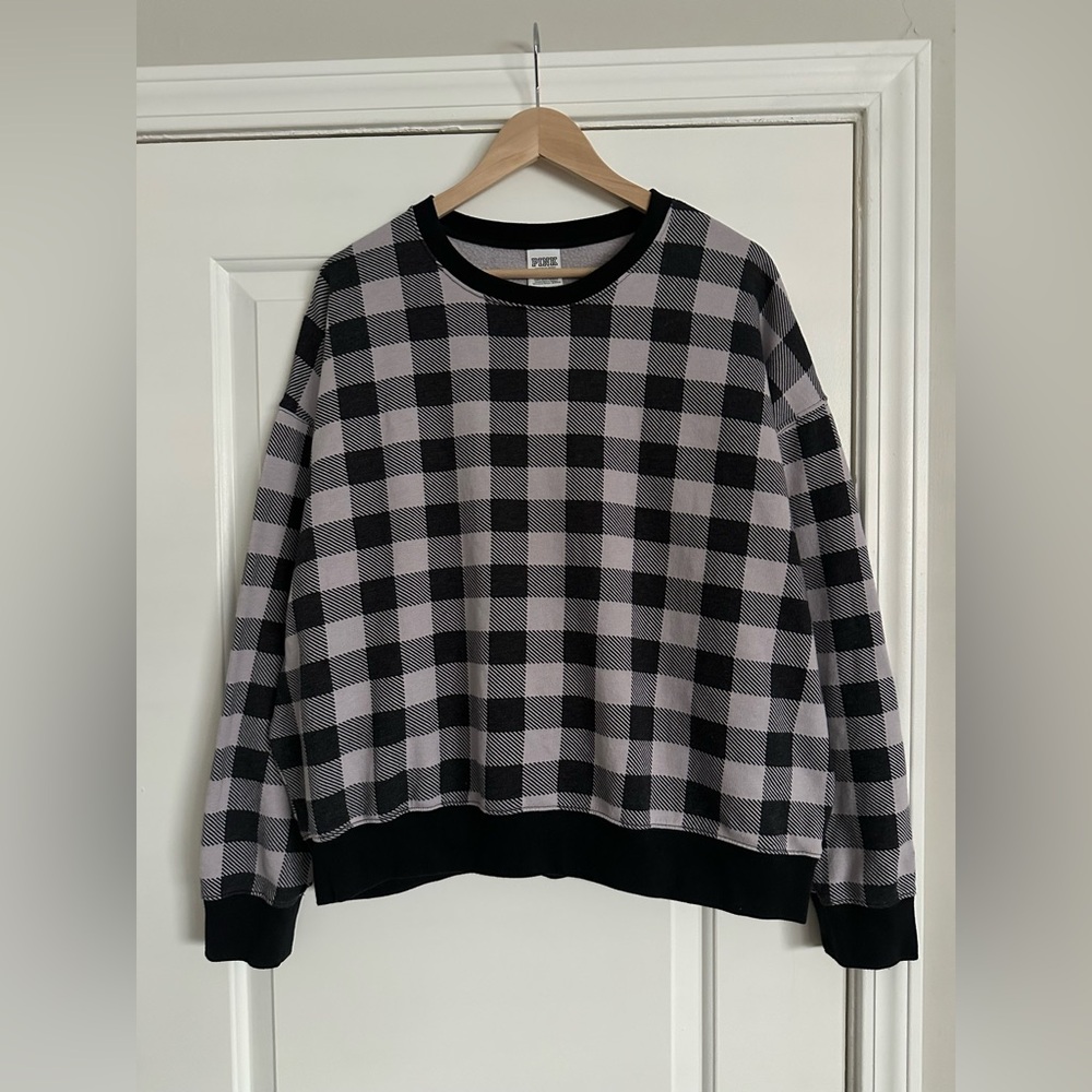 Victoria's Secret PINK Plaid Fleece Crewneck Sweatshirt, Black and Lilac, Large